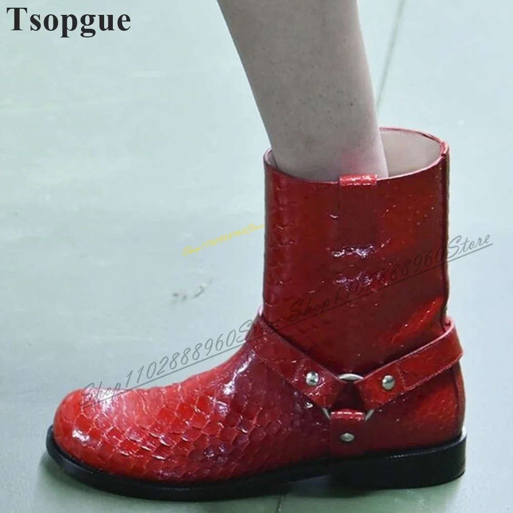 

Stylish Plus Size Red Mid Calf Snake Skin Boots Flat With Shoes For Women Slip On Round Toe 2024 Fashionable Zapatos Para Mujere