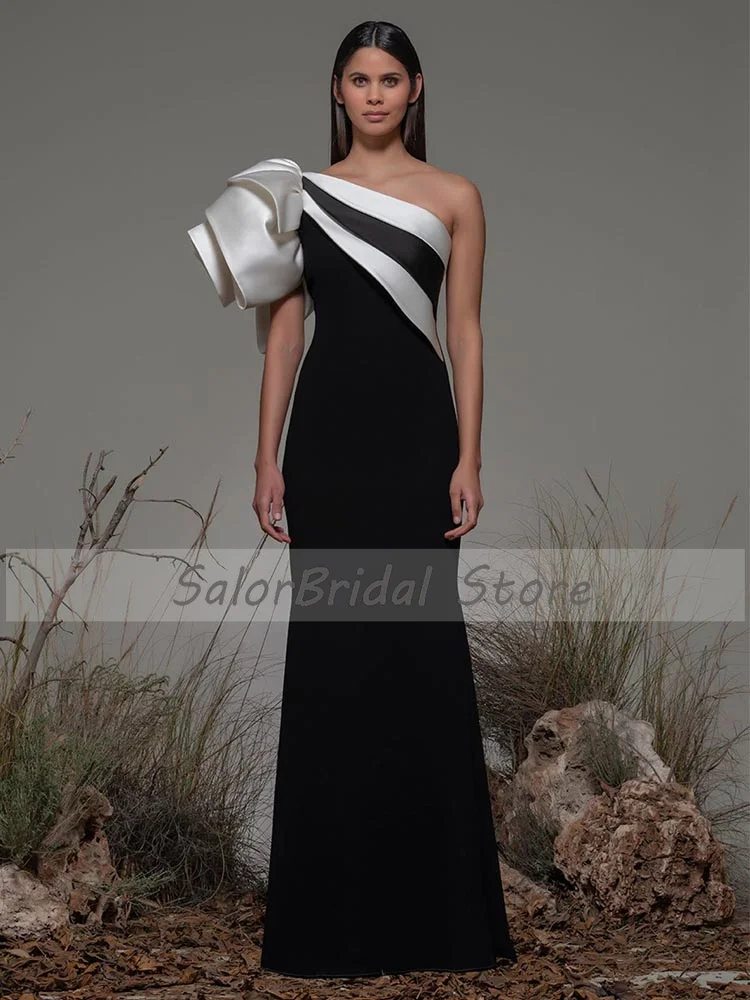 Elegante Avondjurk Zwart Wit Een Schouder Mermaid Vrouwen Avondjurk Lange Contrast Kleur Floor Lengte Formele Party Dress