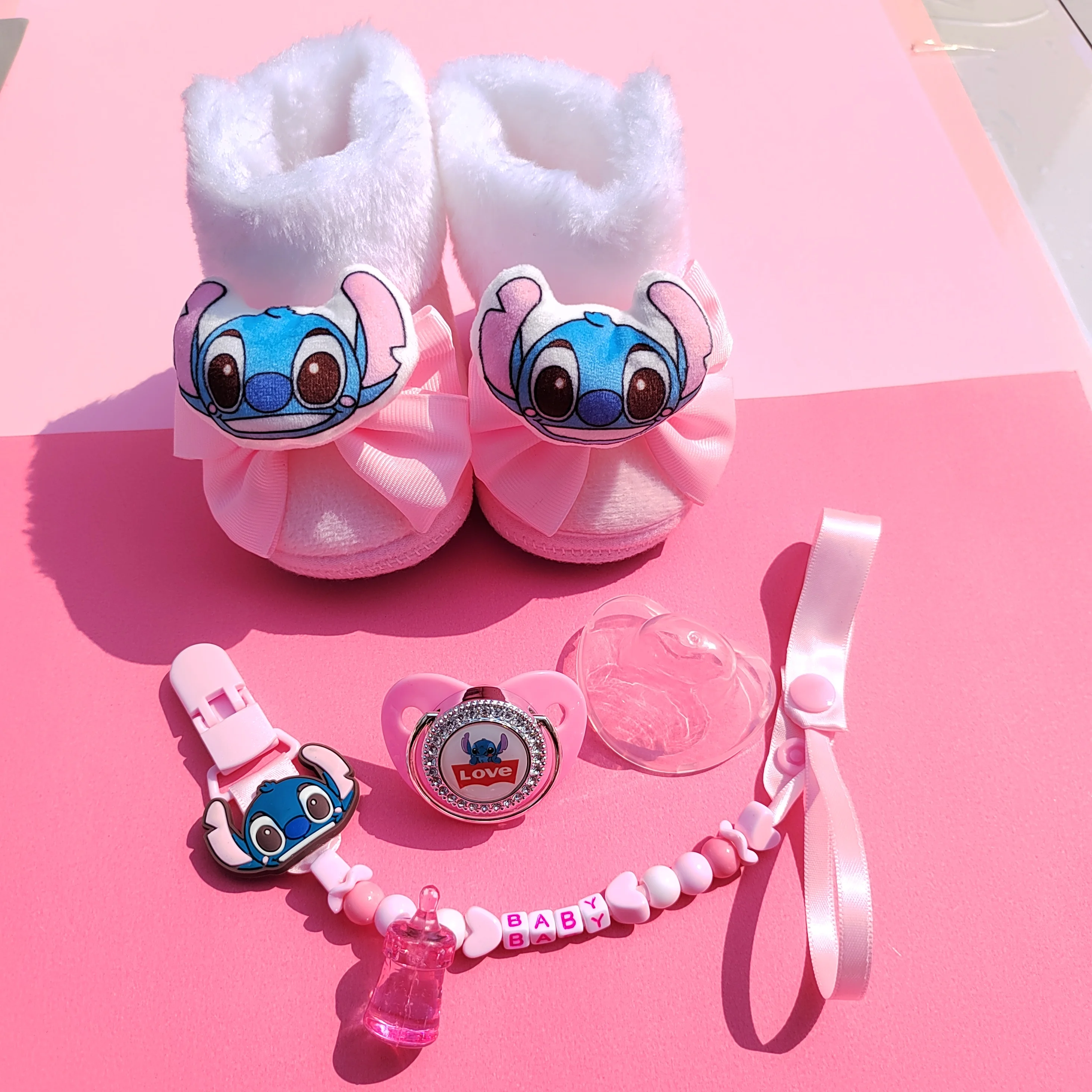 [Disney Stitch] Baby Pacifier Chain Clip Newborn Boots Combination Luxury Bling Pacifier Silicone dummy Pacifier Chupeta 0-12M