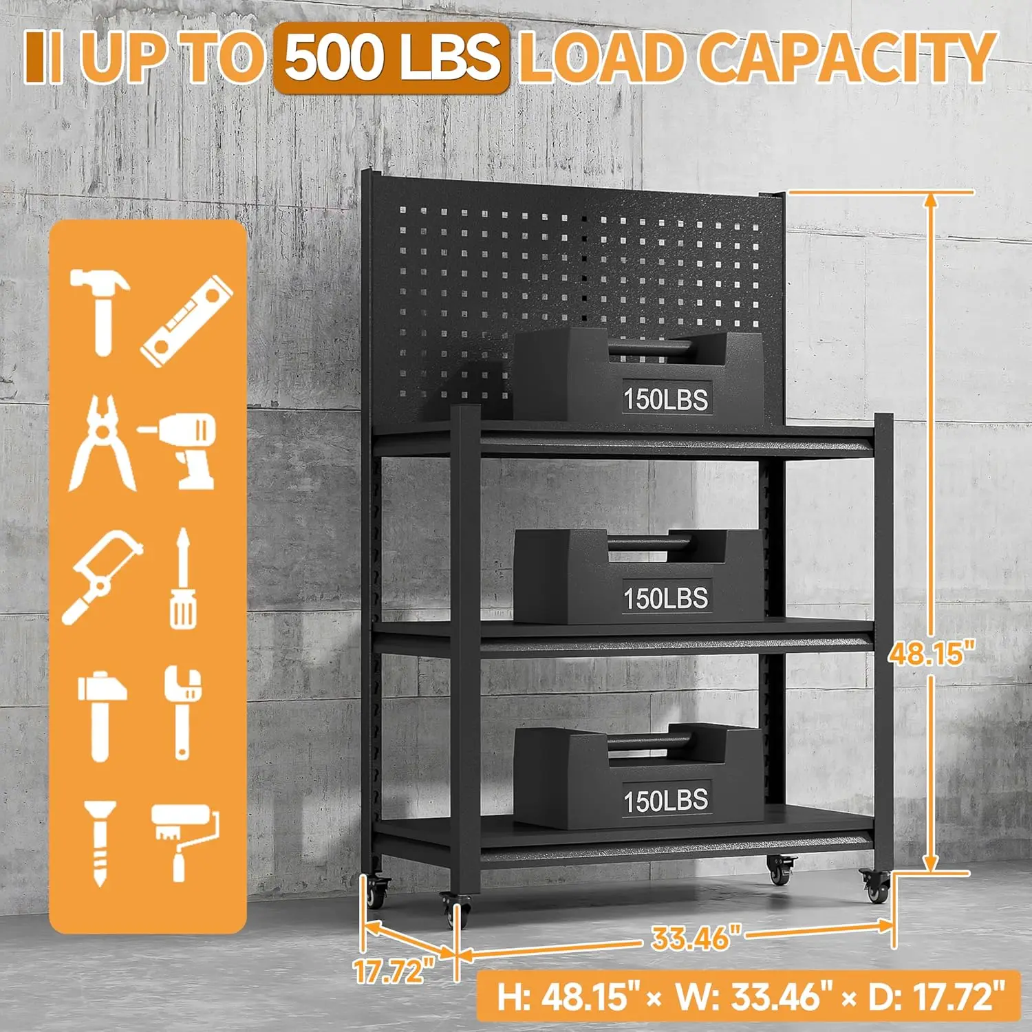 Établi avec panneau perforé, table de travail rapDuty réglable avec roues, poste de travail rapDuty, banc d'outils en métal, 48 po H