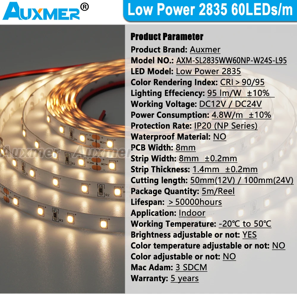 Low Power 2835 60LEDs/m LED Strip Lights ,CRI95/90,IP20,4.8W/m,Led Tape Warm White Red Green Blue Amber Yellow Pink Purple