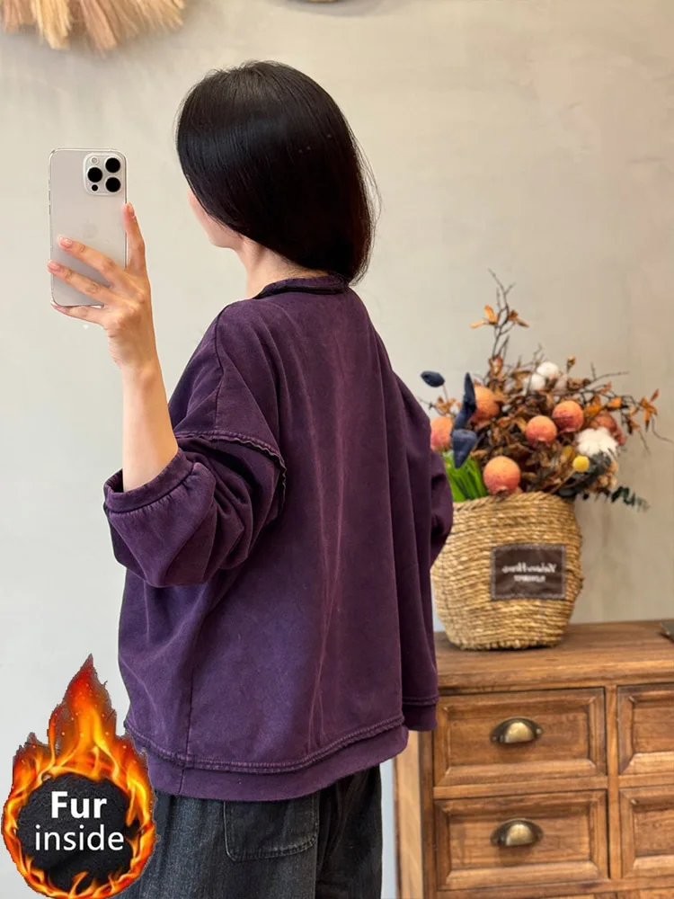 Amax LuluE 2025 Inverno Coreano Classico Solido Vestiti Delle Donne Dell'annata Casual O-Collo di Pelliccia T-Shirt Donne di Modo Classico di Cotone Magliette E Camicette