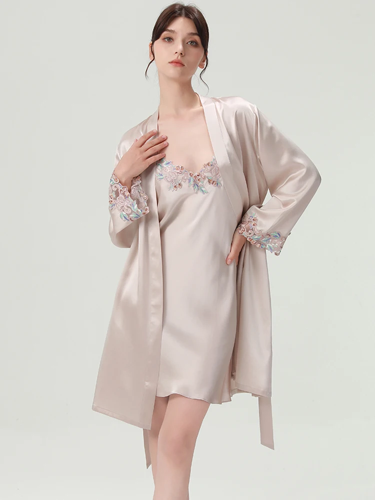 

Embroidered Lace 22MM Heavy Silk Slip Nightdress Robe Set 100% Mulberry Silk V Neck Backless Women's Sleepwear Kimono Nightgown