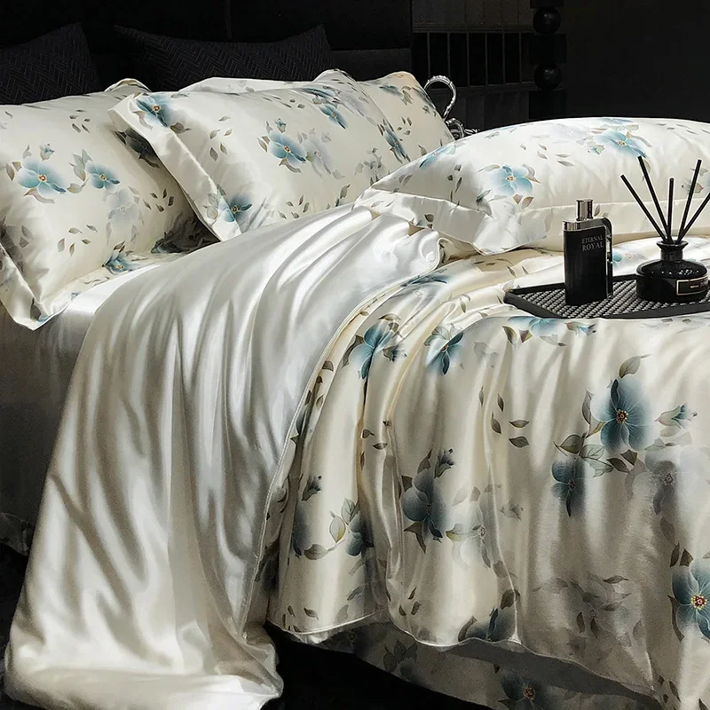 New Pastoral Printing Faux Silk Bedding Set Summer Cozy Smooth Bedclothes for Naked Sleep Luxury Rayon Double Size Bedroom Decor