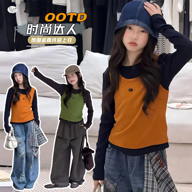 Girls Suit2026New autumn collection for older children: three-piece set including a base shirt, vest, and wide-leg pants in a fo