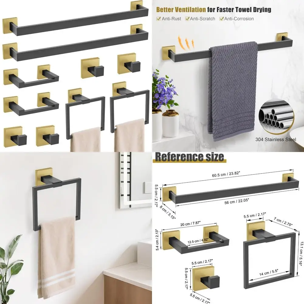 

Stainless Steel Black and Gold Bathroom Hardware Set - 10-Piece Towel Bar and Holder Accessories for Modern Bathroom Decor
