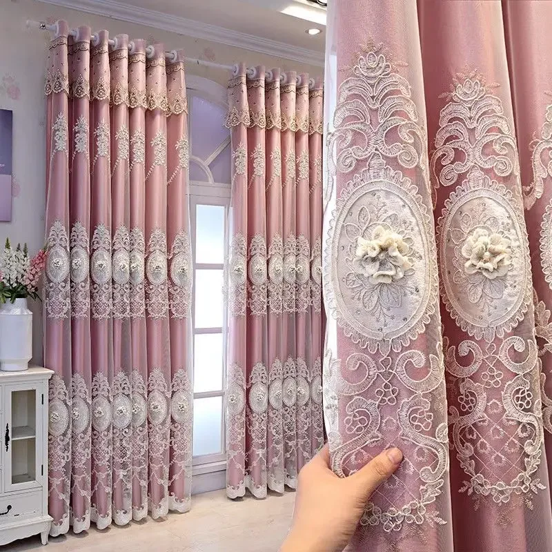 

European High-end Modern Curtains for Living Room Bedroom Balcony Gauze One-piece Blackout Double-layer Embossed Embroidery