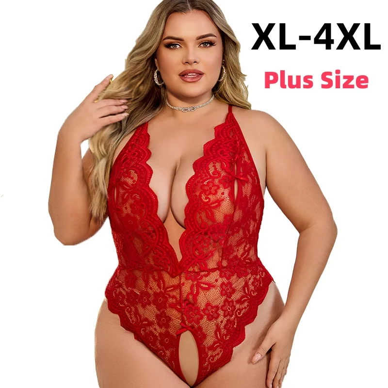 

XL-4XL Crotchless Lace Bodysuit Sexy Summer Lingerie for Women See through Erotic Fetish Night Dress Large Size Appeal Clothing