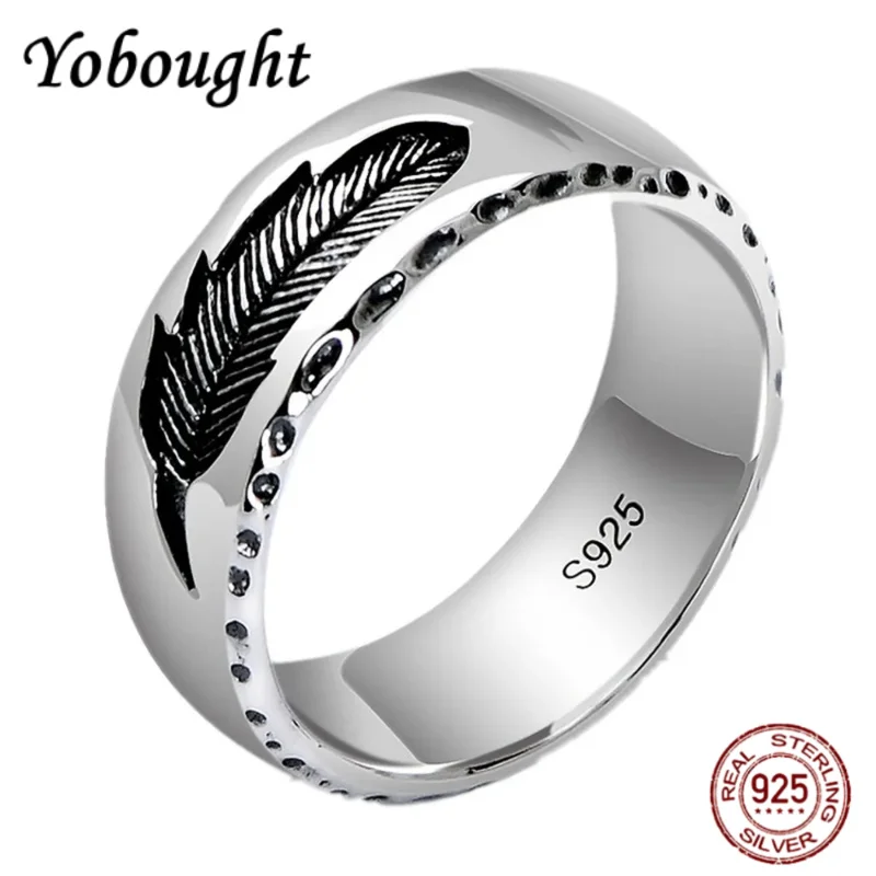 

New Real S925 Pure Silver Jewelry 7mm Creative Feather Men's Ring Unique and Exquisite Gifts