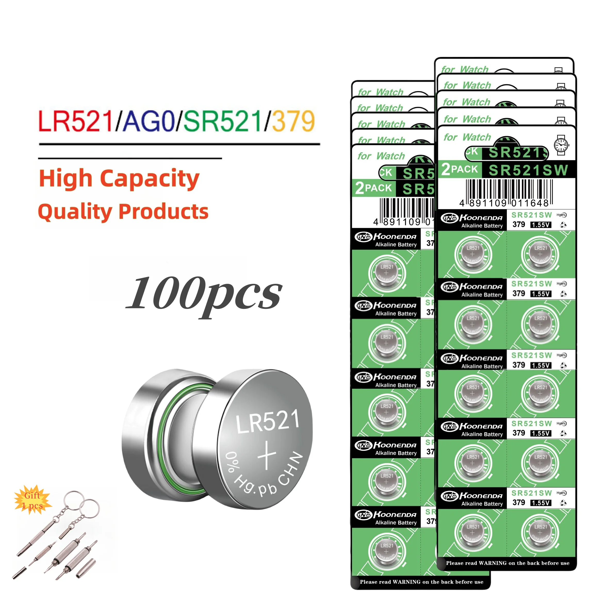 

100pcs AG0 LR521 SR521SW Batteries LR63 379 1.55v Alkaline Button Cell Battery for small electronic devices Calculators Watches