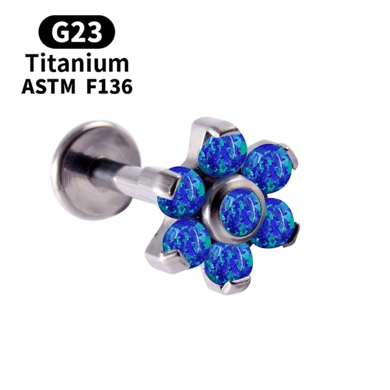 Flower Opal And Labret Stud Earrings F136 Titanium Metal Threaded Nostril Labret Perforated Jewelry Set CZ Women's Body Jewelry