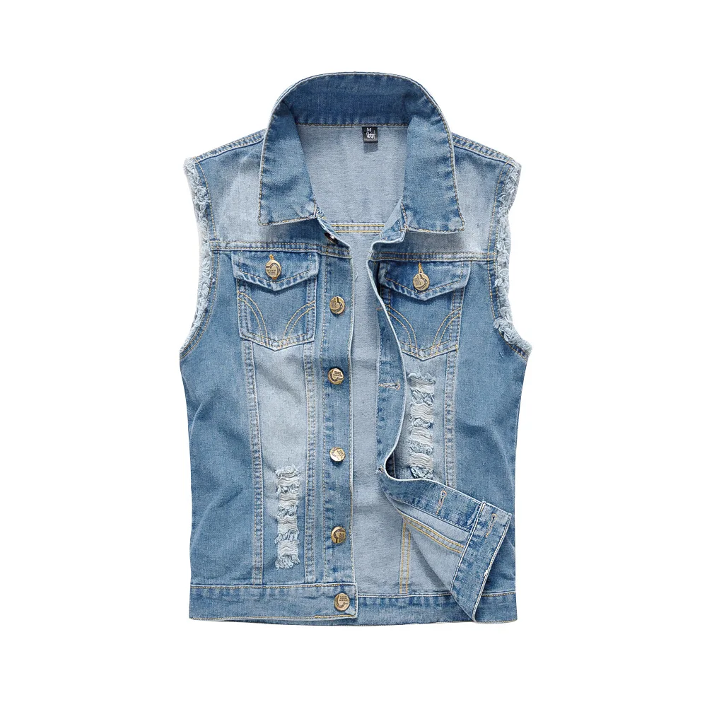 Trendy motorcycle men's clothing: light blue denim jacket, blazer-style top, denim vest with holes, denim vest-like shirt view 5
