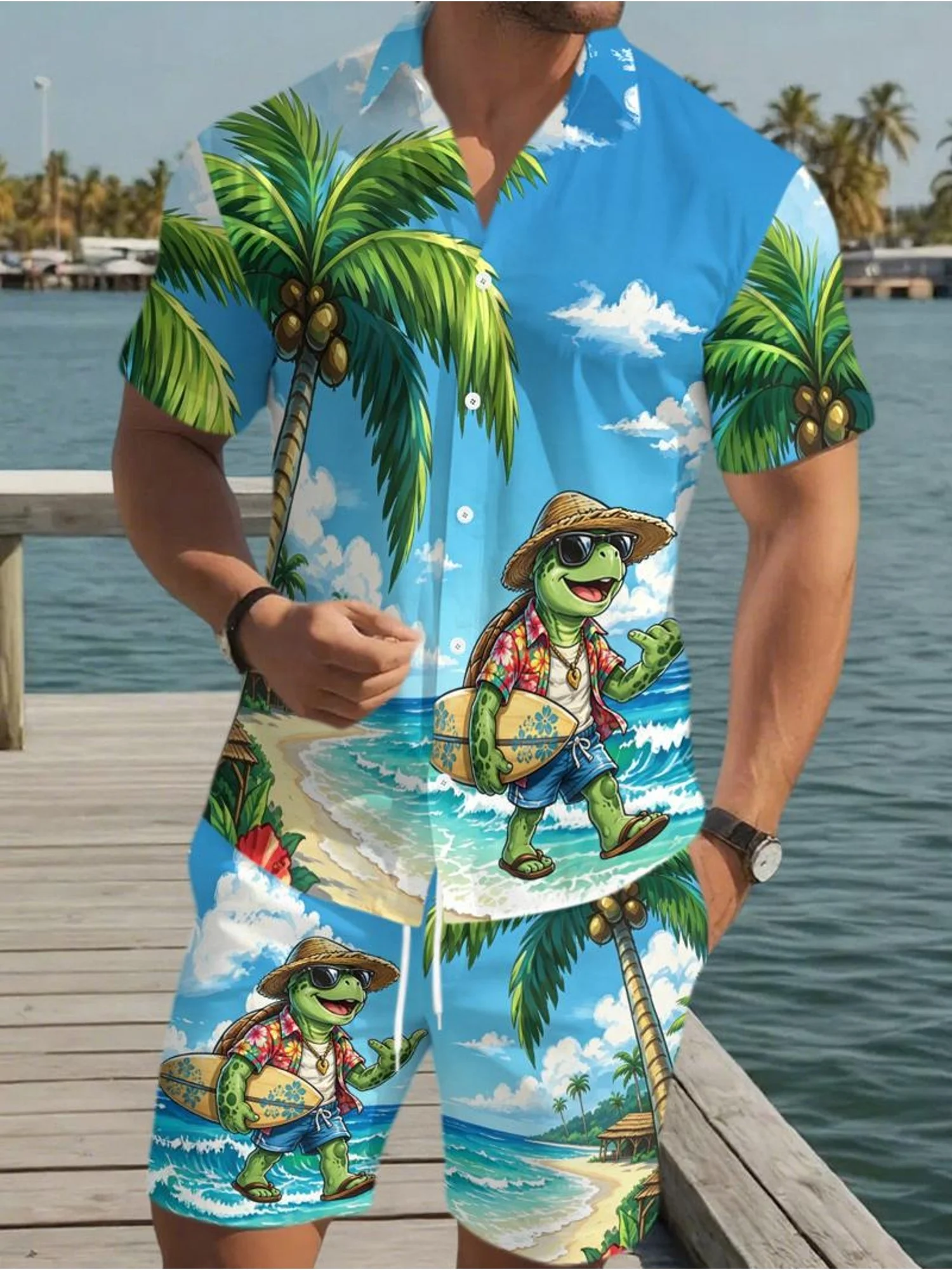 2026 Island Getaway Men's Vacation Suit: Pineapple, Banana, and Coconut Print Shirt and Casual Beach