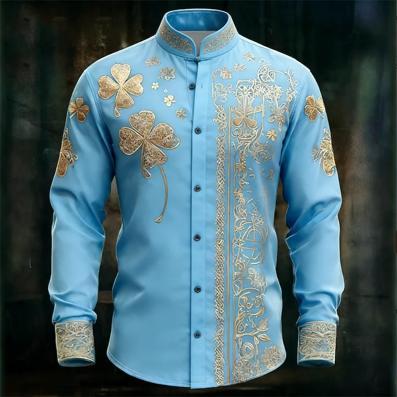 

4-leaf grass men's long sleeved shirt, casual and comfortable, digital printing, fashionable trend, street outdoor, soft fabric