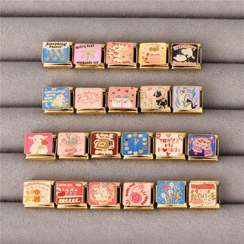 1PCS High Quality Kawaii Animals Series Flowers Cake Cat Golden Italian Charm Links Fit 9MM Stainless Steel Bracelet DIY Making