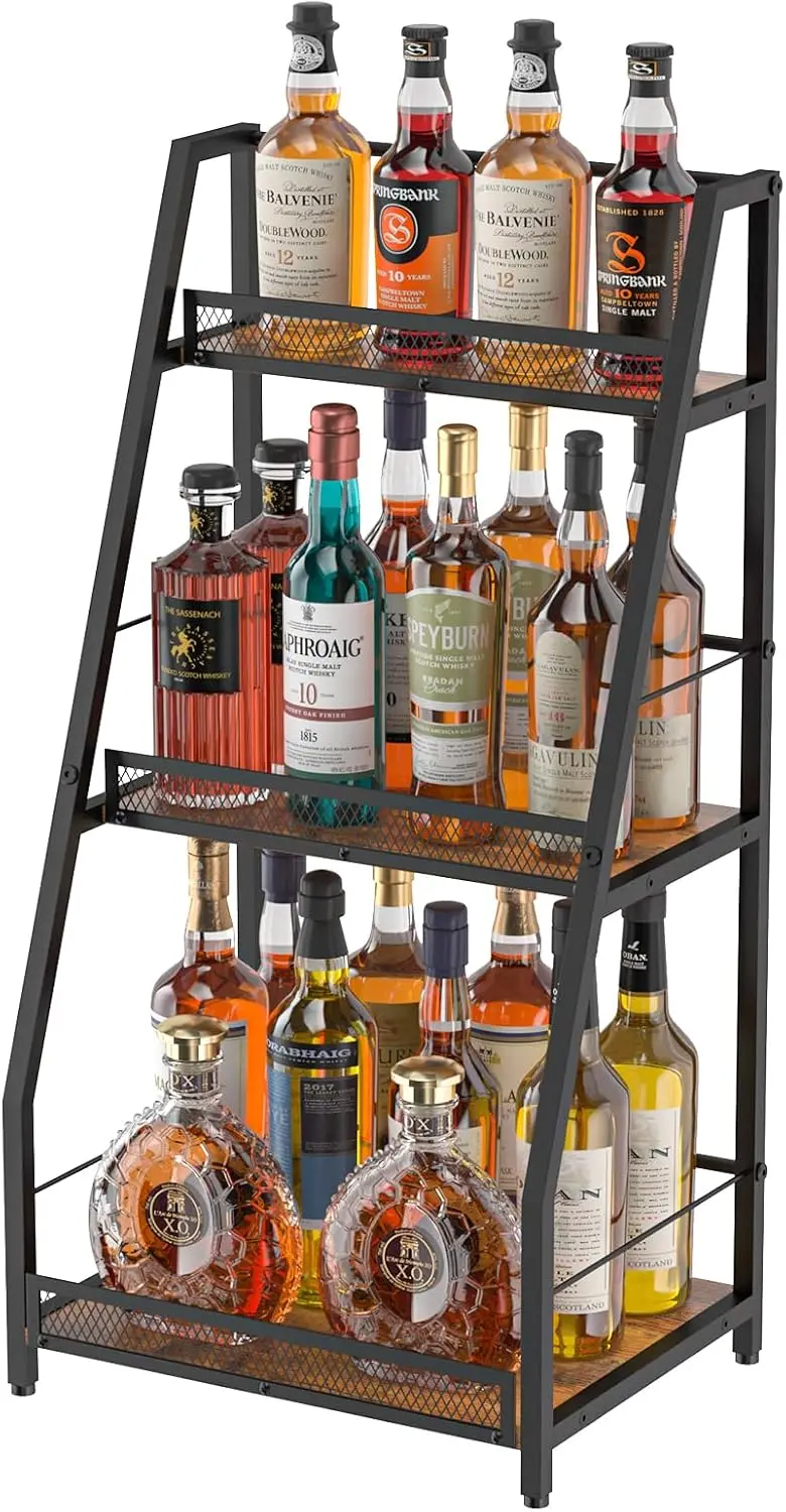 

3-Tier Trapezoid Liquor Stand, Stepped Wine Rack for Home Bar, Vintage Brown Freestanding Floor Display