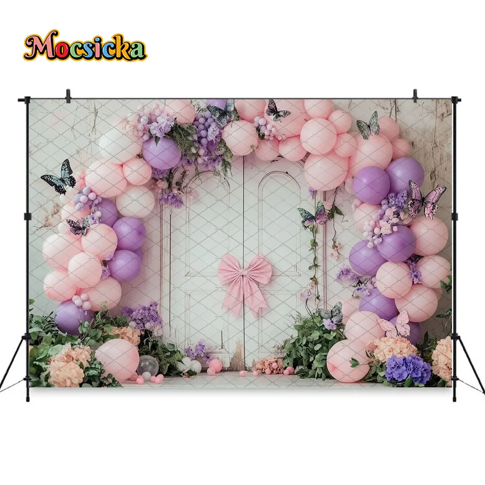 Mocsicka الوردي الأرجواني الجنية الباب التصوير خلفية بالون فراشة زهرة القوس خلفية الفتيات عيد ميلاد الأميرة صورة