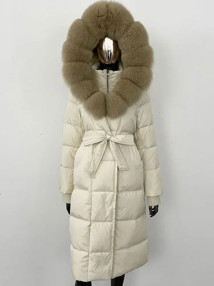 الشتاء النساء الأبيض بطة أسفل معطف 2025 ريال الراكون الثعلب الفراء طوق مقنعين سترة طويلة الطبيعية سميكة الدافئة ملابس خارجية غير رسمية