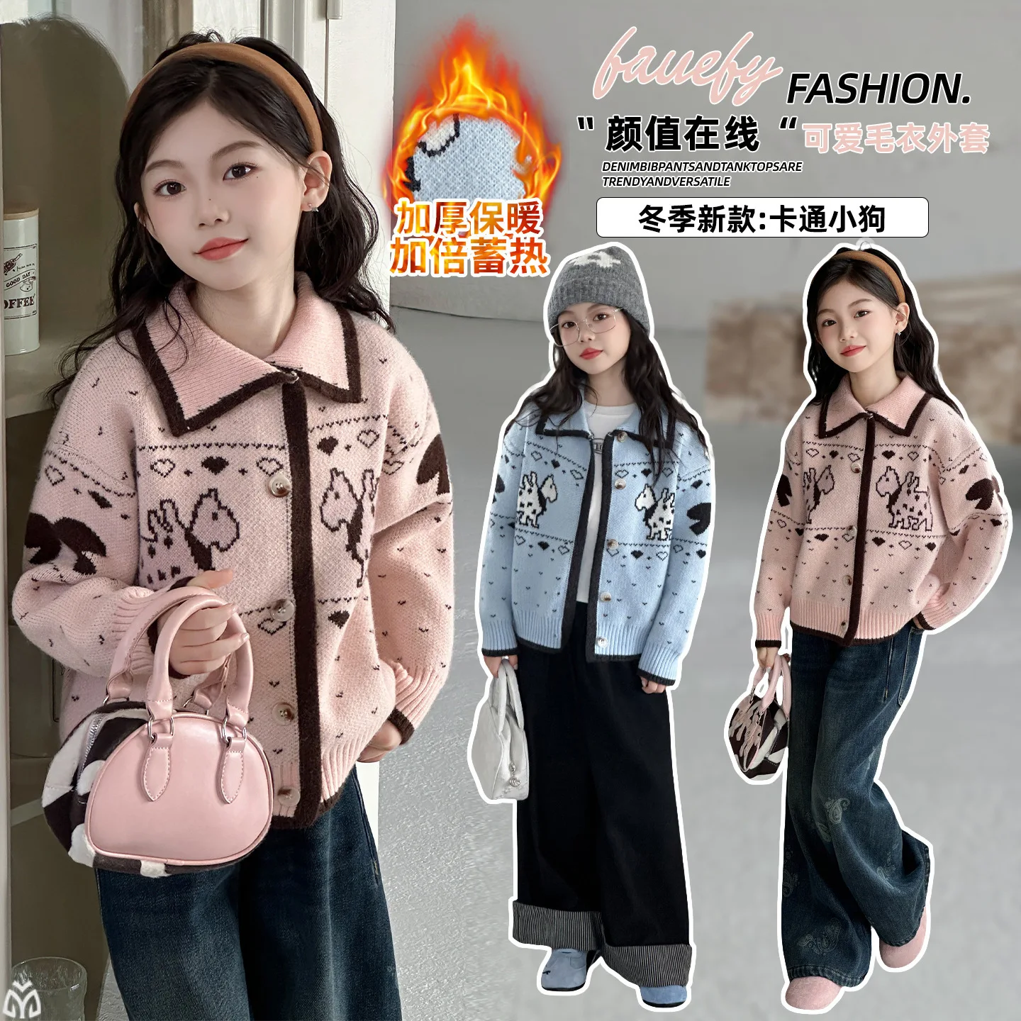 

Girls' Cardigan Knit Jacket with Collar and Cartoon Jacquard Sweater for Winter Outerwear Suitable for Ages 7-14