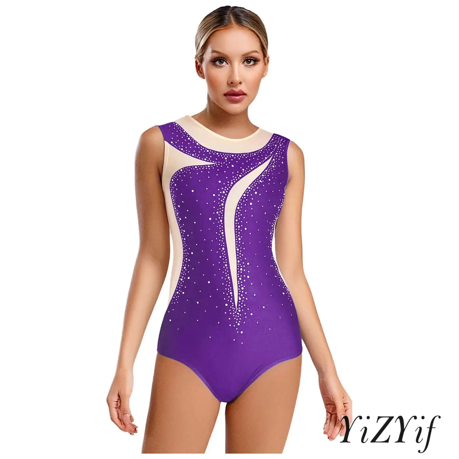 

Women's Rhinestone Dance Leotard Sleeveless Hollow Back Design with Mesh Panels for Ballet Figure Skating Performances Bodysuit