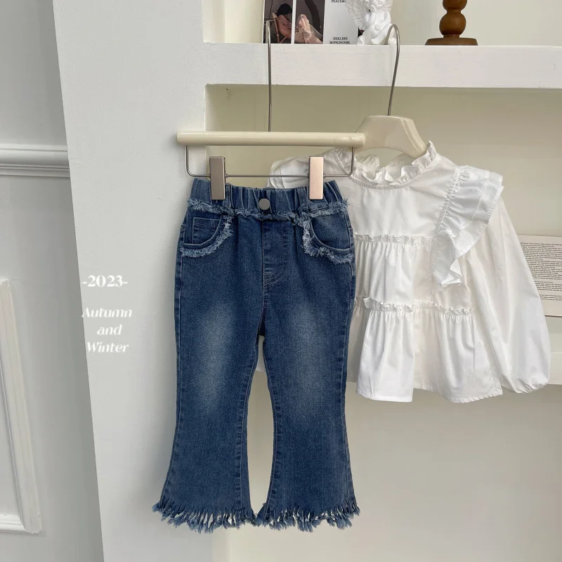 

Spring and Autumn Style Girls' Fashionable French Shirt Cotton Round Neck Children's Top Solid Color Long Sleeve Shirt