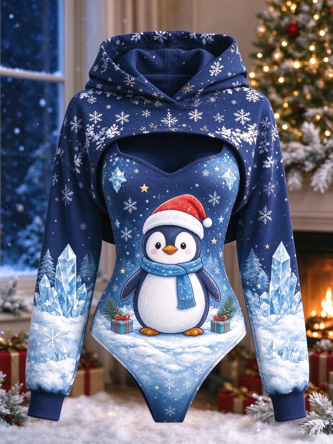 Women 2Pcs Christmas Snowman Print Outfit Sleeveless Bodysuit + Hooded Long Sleeve Shrug Set Xmas Holiday Costume