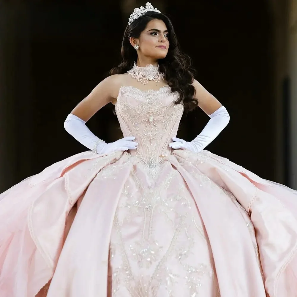 فساتين Charro Quinceanera الوردية ثوب حفلة على شكل قلب مزين بالخرز المكسيكي الحلو 16 فساتين 15 Anos مخصصة #3