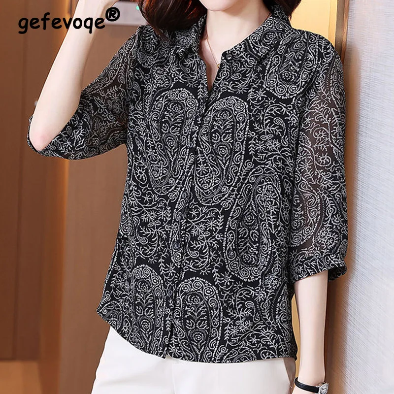 Vintage Casual Fashion Printing Patchwork Button Shirt Summer 2023 New Polo-Neck Three Quarter Sleeve Loose Tops Ladies Clothing