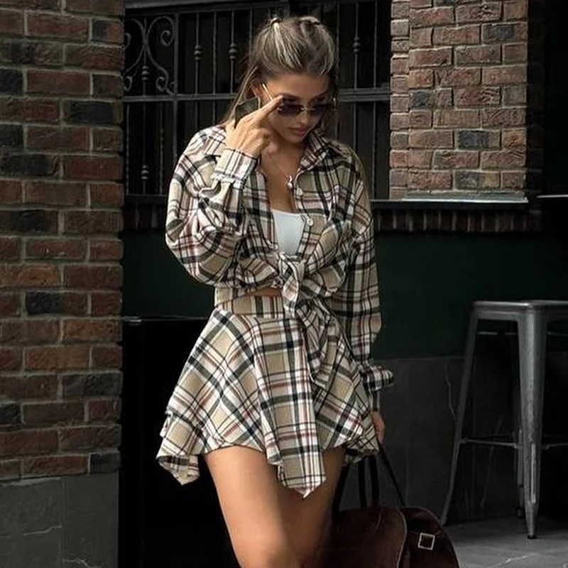 Spring Loose Plaid Two-piece Set Women Elegant Long Sleeve Shirt+High Waist Pleated Irregular Mini Skirt Female Autumn Outfits