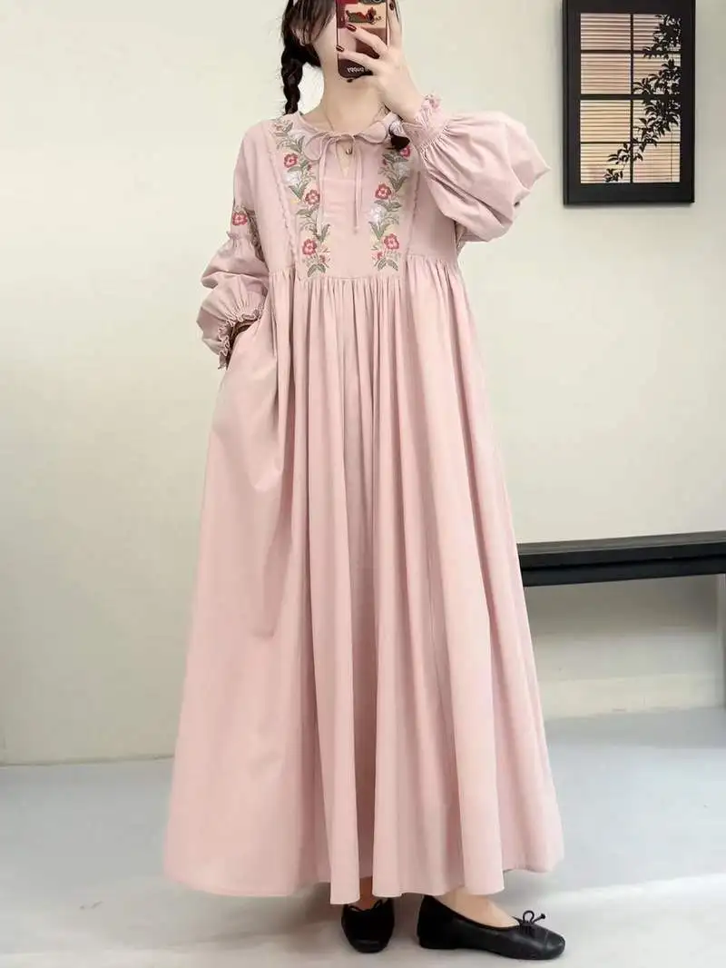 Japanese Sweet Mori Girl Flower Embroidery Cotton Dress Women Spring Lace Up O-Neck Collar Long Sleeve Casual Loose Dresses