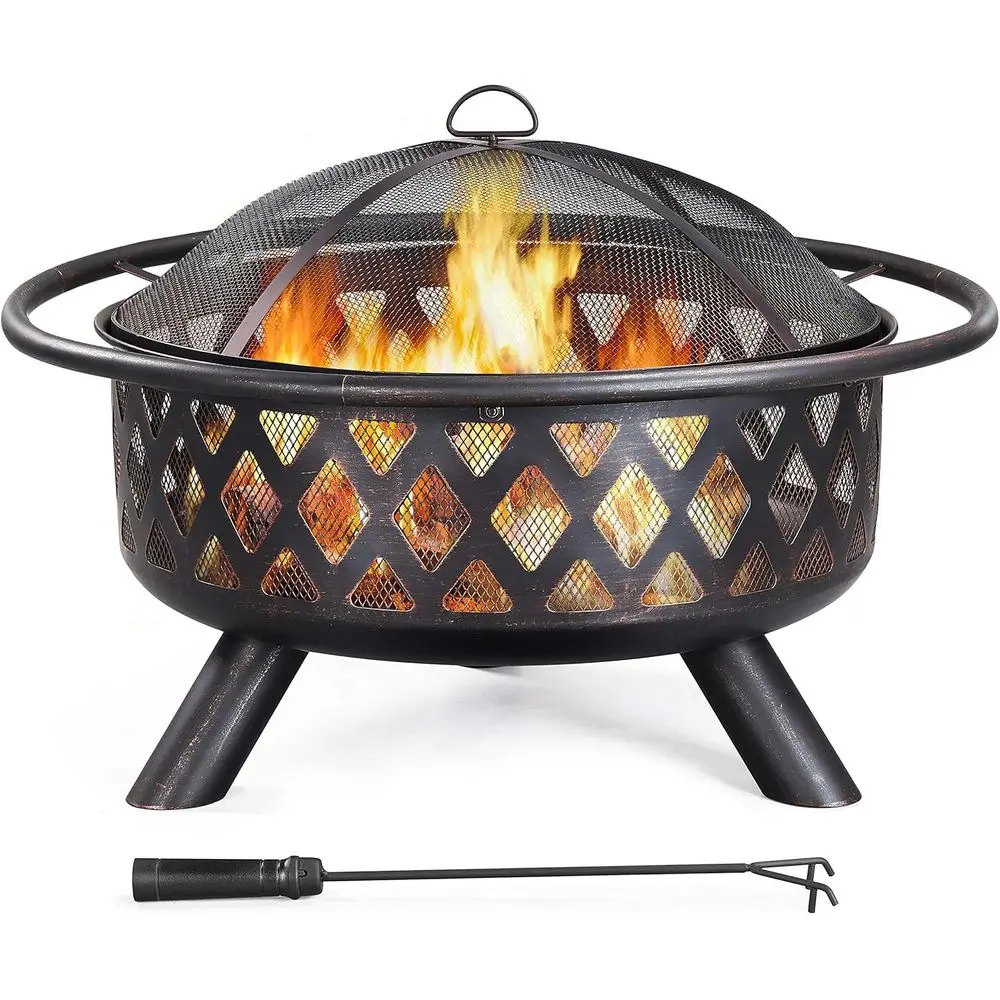 

36 Outdoor Wood-Burning Fire Pit with Mesh Screen, Poker, and Rain Cover