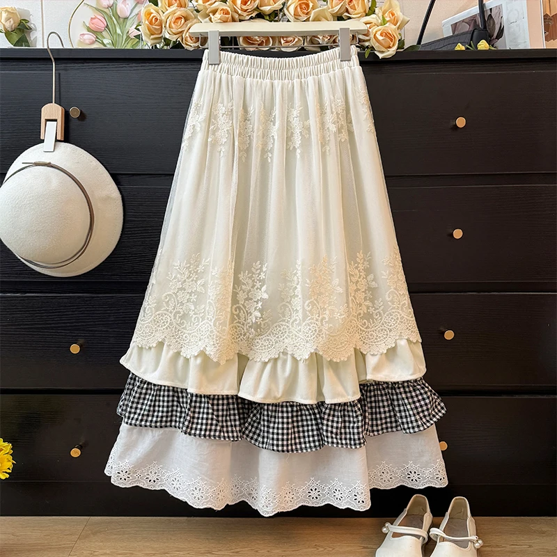 

Skirts Women Spring Autumn New Lace Patchwork Slim Half Skirt Winter High Waist Pleated Loose Fashion Chic Skirt