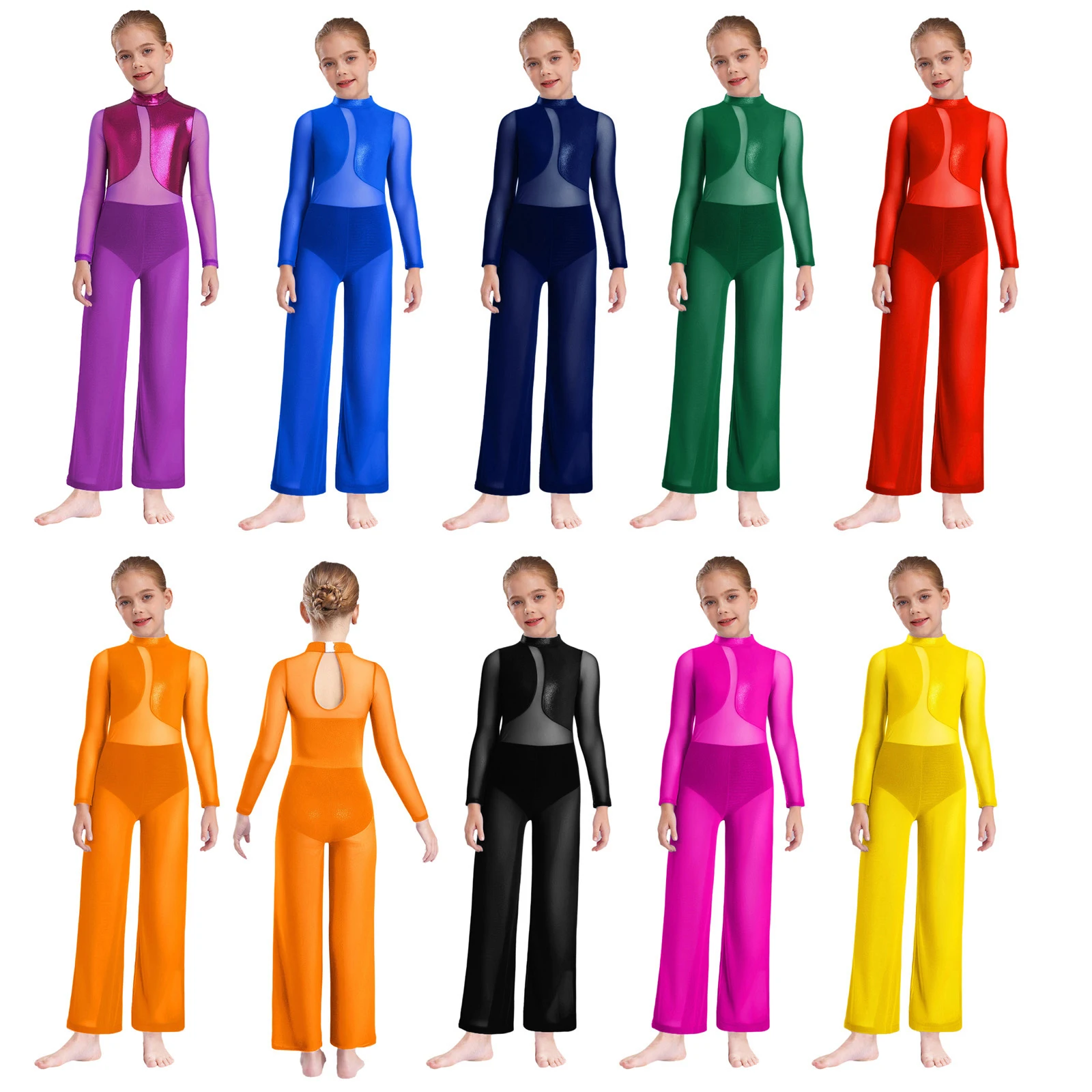 

Kids Girls Gymnastics Ballet Dance Performance Costume Sheer Mesh Wide-Leg Metallic Jumpsuit Long Sleeve Full Body Leotard