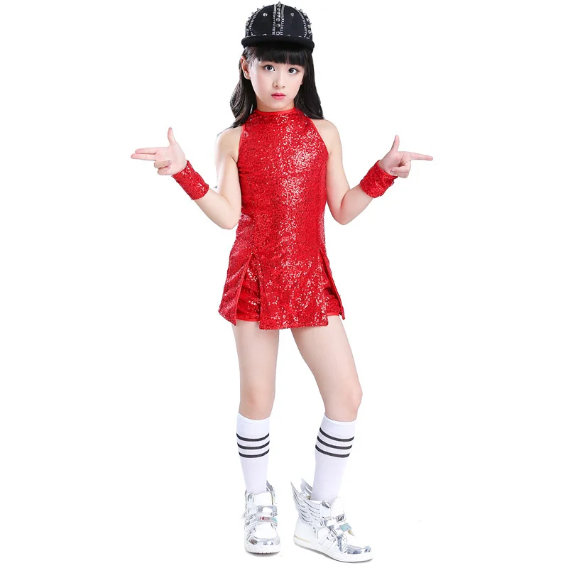 Girls Sequins Dance Clothes Dress 4-12 Yrs Sparkle Hip Hop Jazz Dance Outfit, Sleeveless Top and Shorts