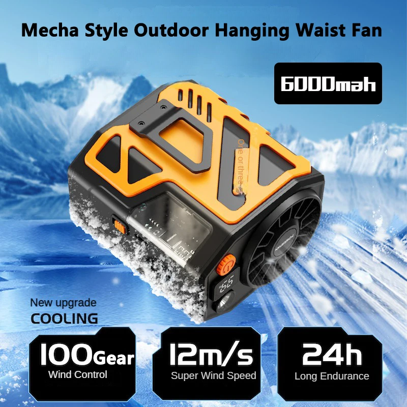 Ventilador de cintura portátil estilo Mecha, colgador de cintura recargable por USB para trabajo al aire libre, Camping, escalada, senderismo, 100