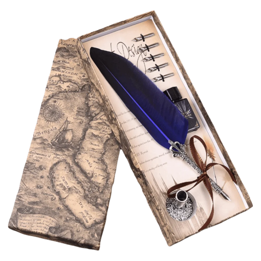 Without Ink Calligraphy Feather Dip Quill Pen Retro Style with 5 Replacement Nibs Quill Pen Set Carved Base Multiple Colors