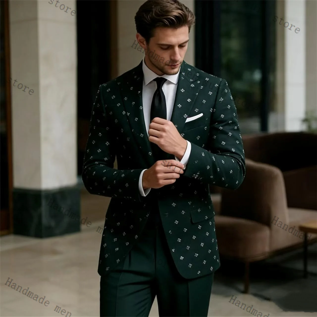 

Green Men Suit Set 2 Piece Blazer+Pants Stone Spring Cotton Prom Wedding Tuxedos Coat Customized Formal Office Fashion Jacket