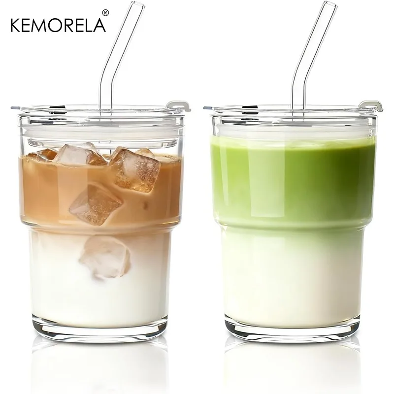 380ML Kaffee-Glasbecher 1/2 Stück Dickwandige Glasbecher mit Deckel und Glasstrohhalm für Eiskaffee, Tee, Milch, Heiß- und Kaltgetränke