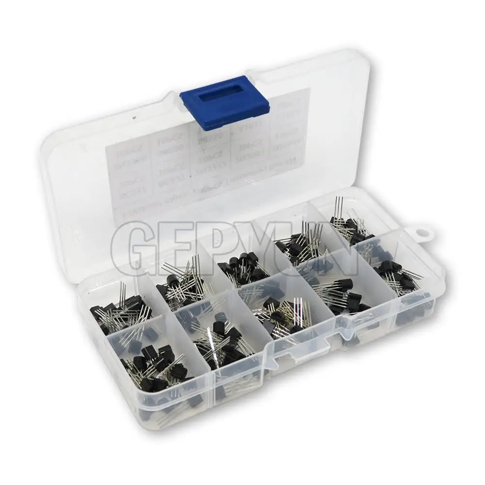 10value 200PCS BC337 BC327 2N2222 2N2907 2N3904 2N3906 S8050 S8550 A1015 C1815 Transistor Assortment Kit Transistors Box Pack