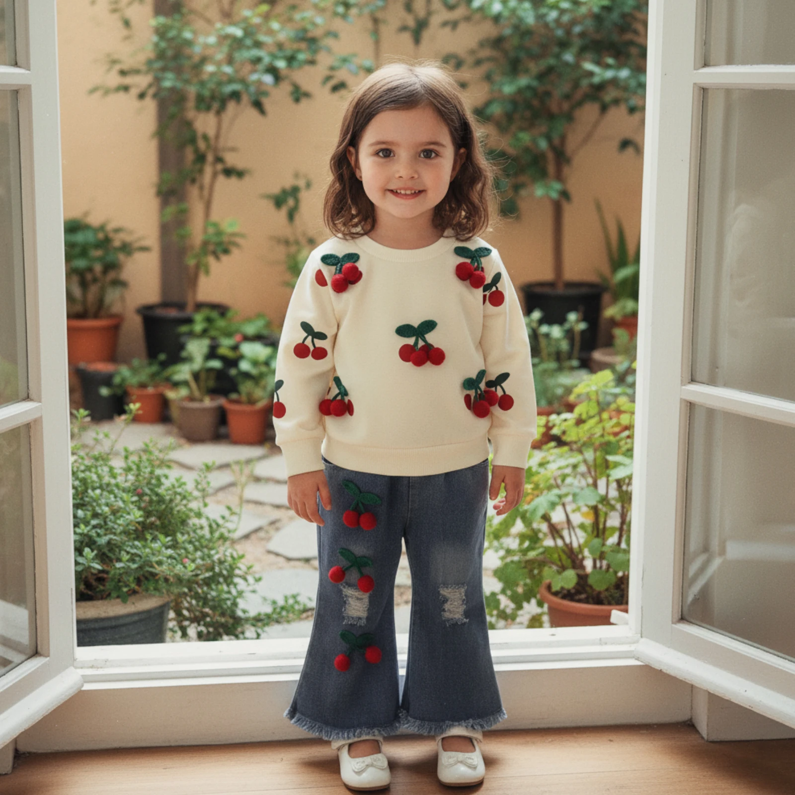 1-7Y Toddler Girl Spring Fall Cherry Decor Long Sleeve Pullover Sweatshirt Elastic Waist Ripped Denim Flare Pants 2Pcs Set