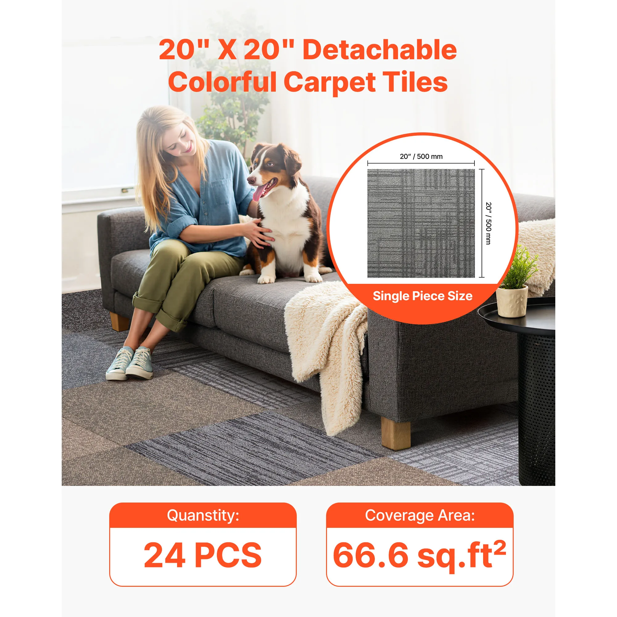 VEVOR Carpet Tiles Reusable 20x20 inch 24 PCS Floor Soft Padded for Seamless Cover 66.6sq.ft for Living Room Bedroom Indoor