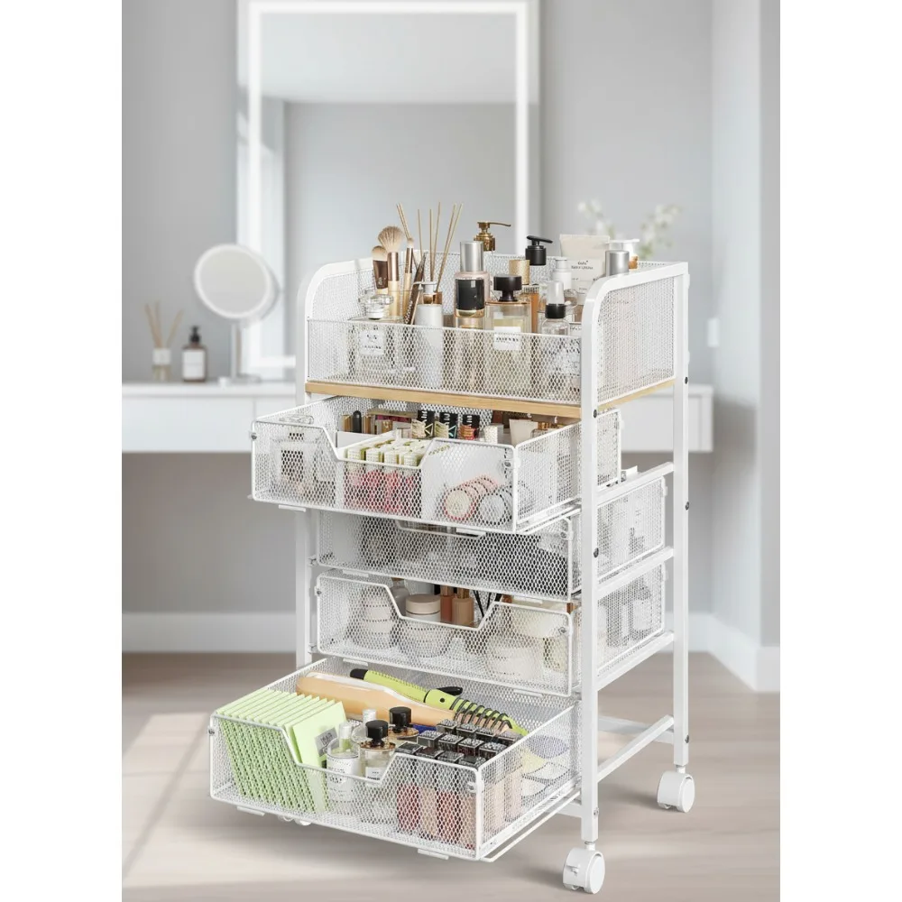 

4-Drawer Makeup Cart Organizer with Wheels, Large Skincare Vanity Storage Display Case for Cosmetics Perfume Nail Polish