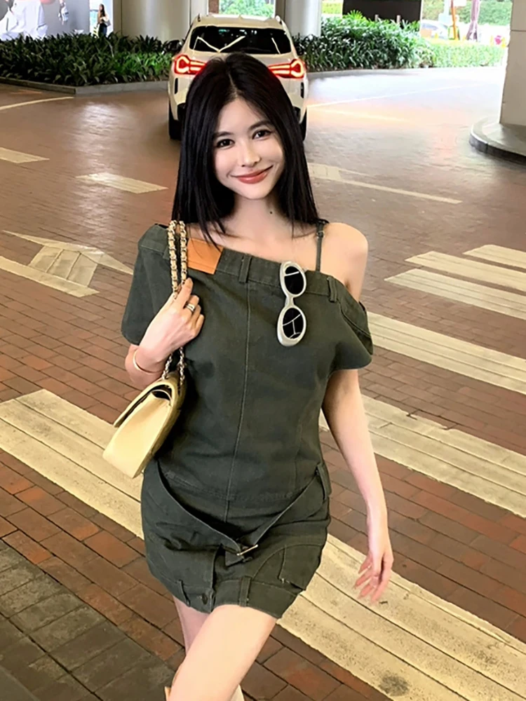 فستان قصير من RORORIRI Grayu مكشوف الأكتاف من قماش الدنيم للنساء بحزام عادي رأسًا على عقب فستان قصير ضيق ملابس خروج عتيقة #5