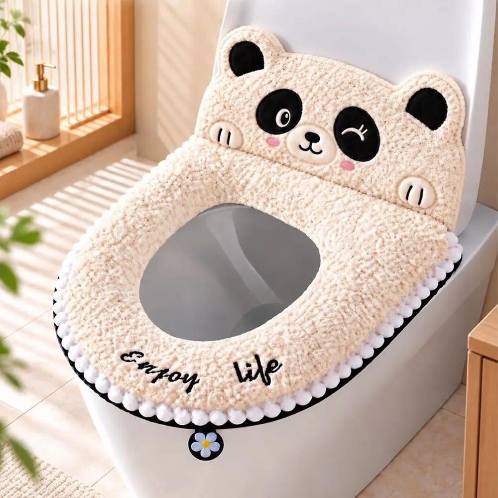 Cartoon Animals Plush Toilet Seat Cover Zipper Closure with Backrest Fluffy Toilet Cushion Washable Non-Slip Cute Toilet Mat