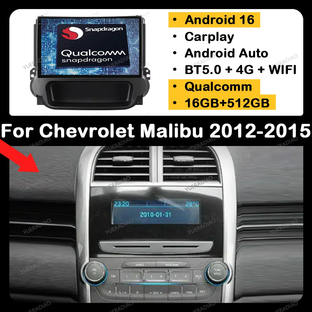 Radio para Auto Android 16 para Chevrolet Malibu 2012-2015, Reproductor Multimedia Estéreo, Video, Bluetooth, 4G LTE, 5G WIFI, Unidad Principal, GPS, Navegación, QLED