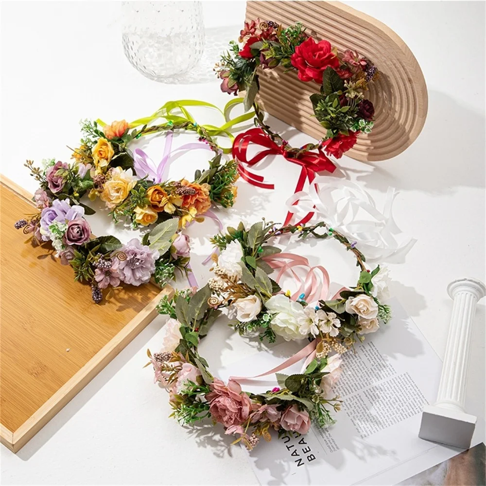 1 Pcs Flower Headband Head Roses Garland Hair Band Crown Boho Fabric Wreath Photo Props Festival Wedding Hair Accessories