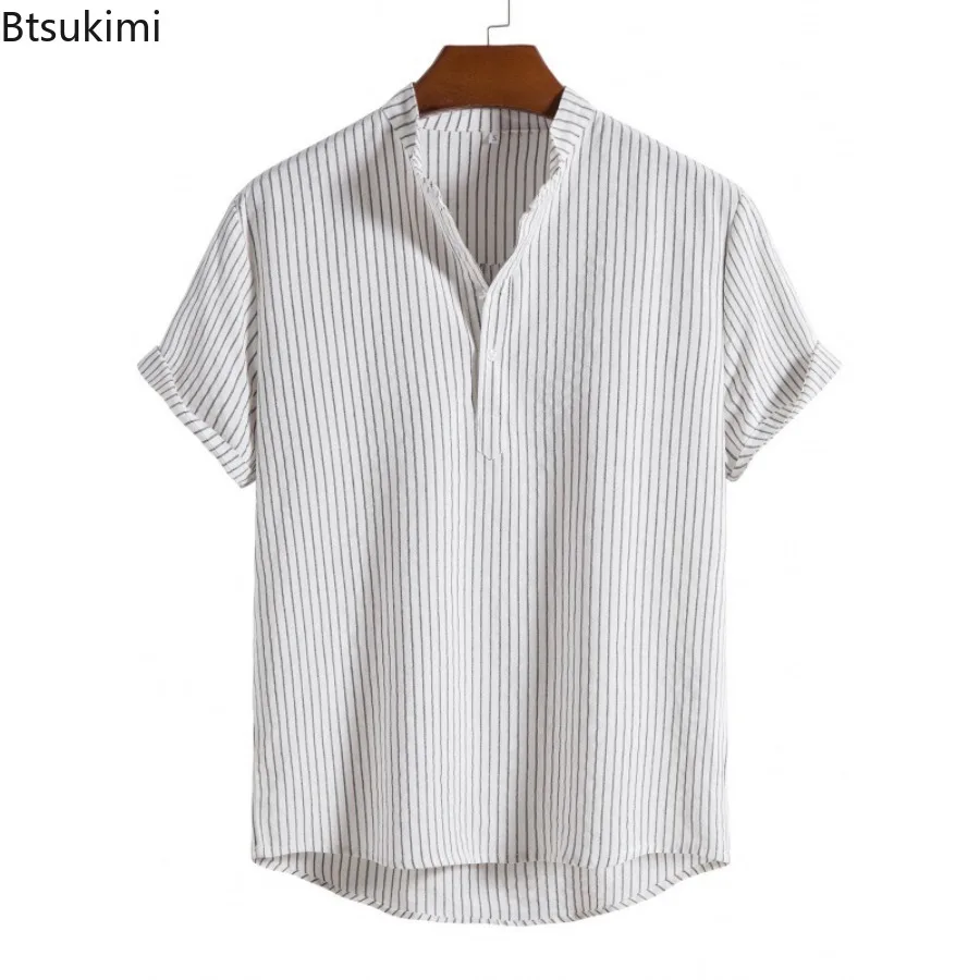 Verão novo masculino manga curta listrado solto camisas casuais moda meio botão-up pullovers simples e confortável camisas de algodão masculino