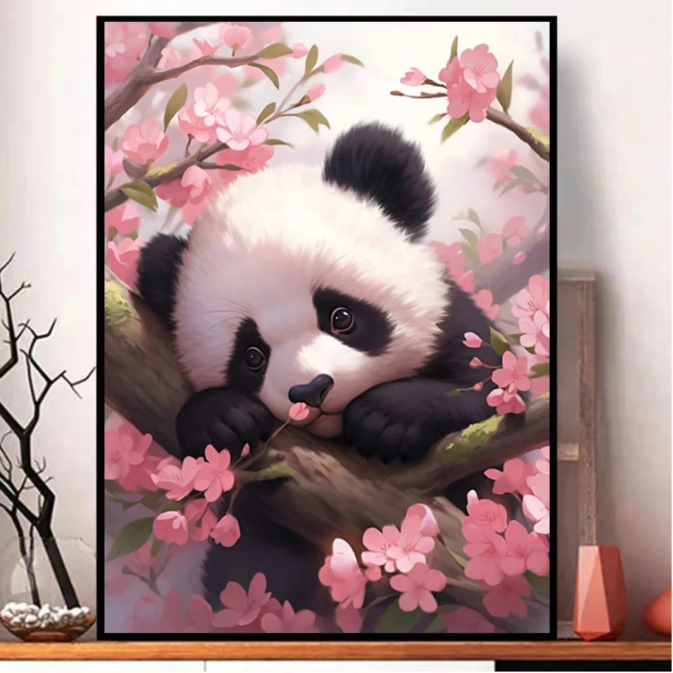 New Arrival Diamond Painting Panda Full Diamonds Mosaic Pink Flower Tree Embroidery  Animals Rhinestone Pictures Home Decoration