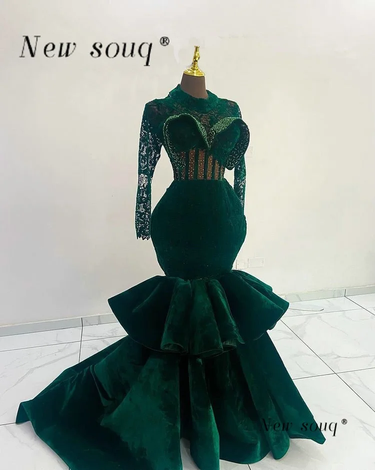 Dark Green Mermaid Long Sleeves Velvet Evening Dresses Customized Tiered Beaded Elegant Formal Wedding Party Gowns for Women