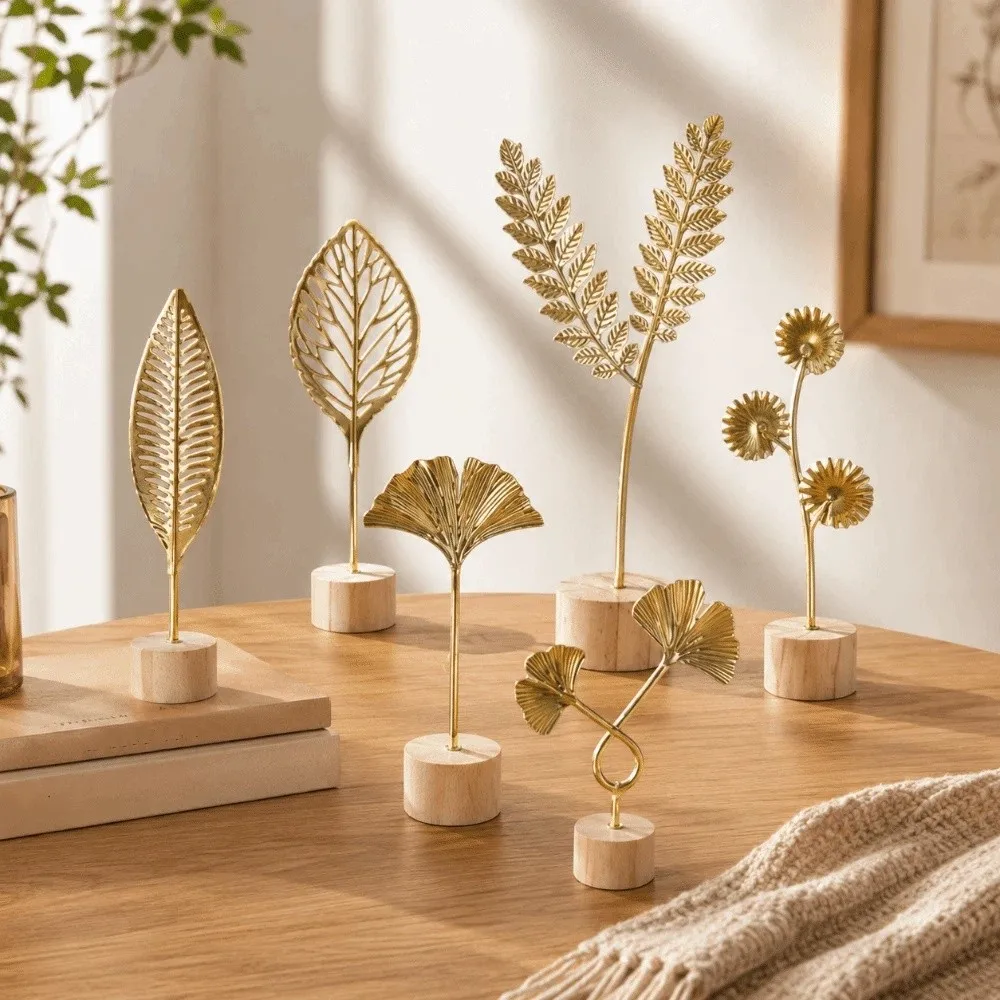 Wood Base Wrought Iron Ornaments Metal Art Flower Ginkgo Leaf Ornament Hollow Out Nordic-style Miniature Figurines